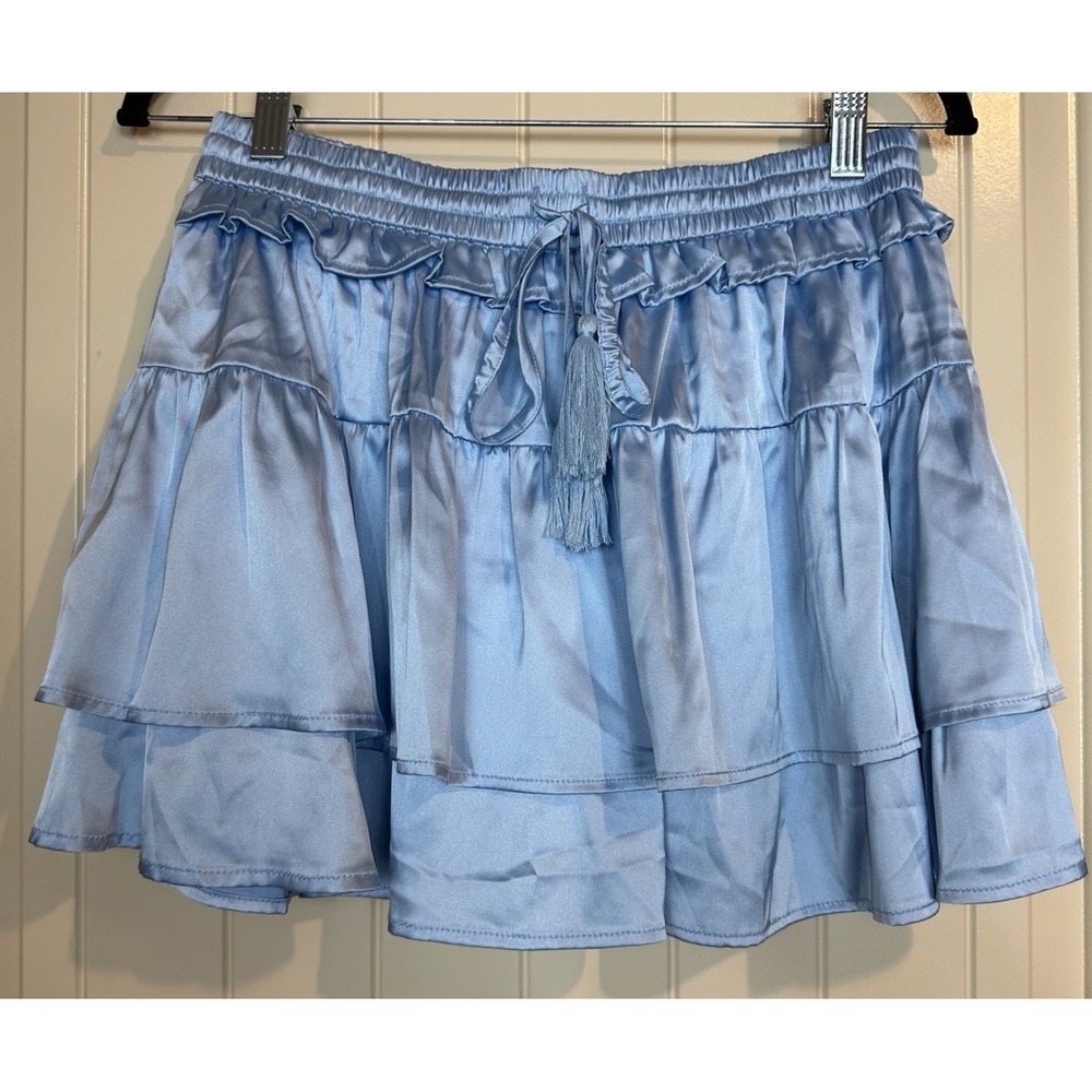 TCEC Silky Skirt Layered Tiered Mini Skort Light Blue Sz L, NWT boutique Western